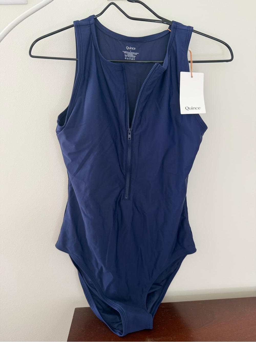 NWT Quince Italian Zip Front One Piece Swimsuit Navy M